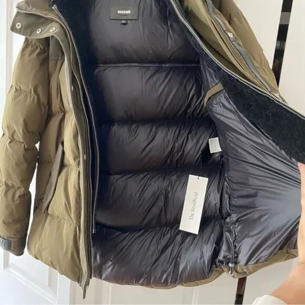 Mackage RILEY Classic Down Jacket with Removable Shearling bib / Army / Size S - Picture 6 of 7